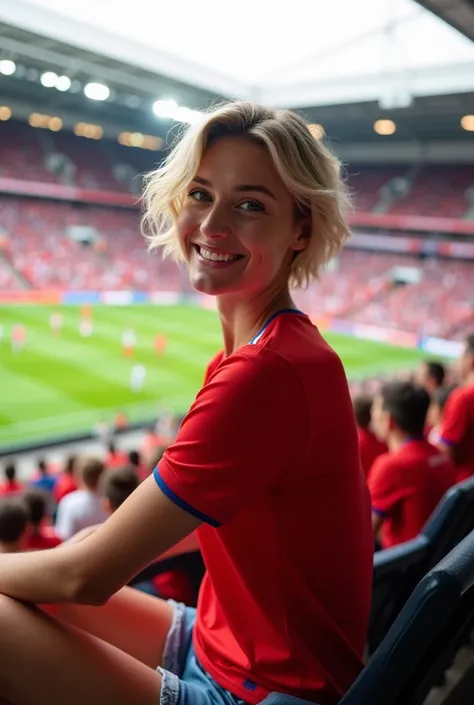 beautiful woman, Blonde girl with short wavy hair and medium breasts In the crowded stands of a football stadium, A young blonde with short wavy hair is enjoying the game, proudly wearing the red jersey of the Czech Republic national team. T-shirt, adjuste...