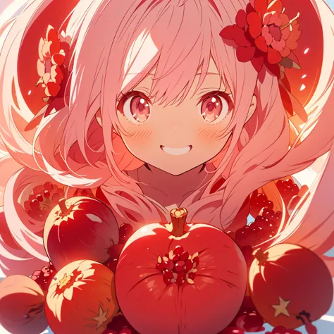 kawaii, anime, Cute, hyper quality, highly detailed, 8k, Clarity, Draw facial expressions in detail, A young girl with short light pink hair and scarlet eyes., pomegranate flower, pomegranate fruit, smile, whole body, eat, 