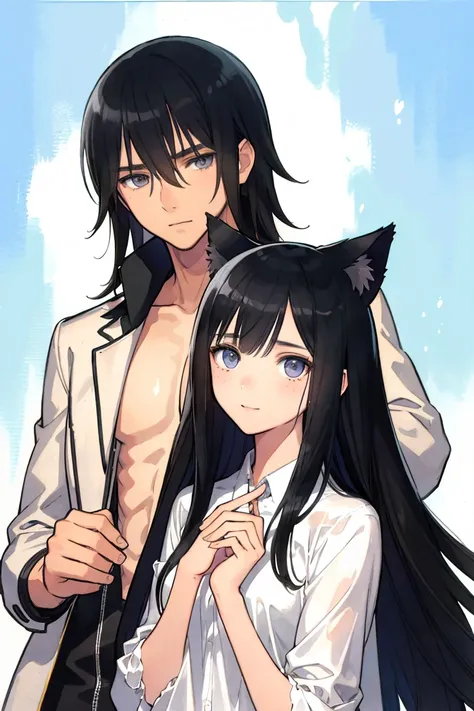 man and woman, couple, love, mature, a cat woman, she has freckles, she has dark brown eyes and an upturned nose, she is happy and smiling, she has long wavy hair, black hair, she is wearing aviator sunglasses with clear lenses in a soft watercolor style. ...