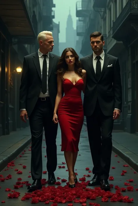 A background of a dark street with bullets and red rose petals on the ground, The girl is between the two men who are almost two meters tall., The girl has a sexy red dress and the men are wearing tailored black suits.  One of the men has short platinum bl...