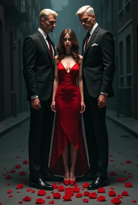 A background of a dark street with bullets and red rose petals on the ground, The girl is between the two men who are almost two meters tall., The girl has a sexy red dress and the men are wearing tailored black suits.  One of the men has short platinum bl...