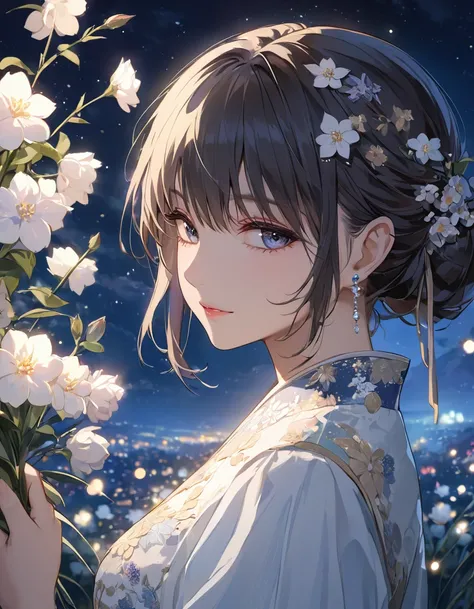 One beautiful girl,Highest quality,masterpiece,detailed,night,One beautiful girl,The scent of flowers drifts,風が囁くnight,  A light seen in the distance,Let yourself be led,Close up of face 