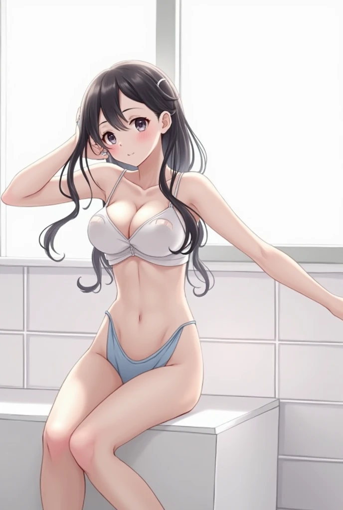 High school girl, black hair, long hair, toilet, light blue underwear, M-shaped legs, nipples