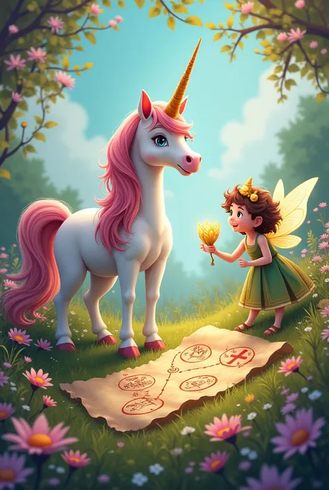 Create an image for story book Chapter 2: The Mysterious Map

When Sparkle reached Twinkles flower garden, unicorn found her friend fluttering around excitedly. "Sparkle! Look what I found!" Twinkle exclaimed, holding up an old, crinkled map. It had strang...