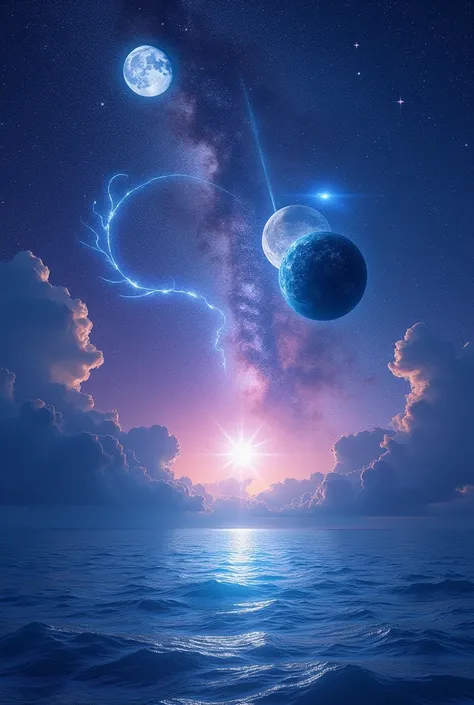 best quality, Full-HD, landscape photo, the universe, ocean, gradient blue background, gradient purple background, in the space, with a moon, with a full moon, with a crescent moon, with stardust, with a planet, with a comet, with a galaxy, at midnight, at...