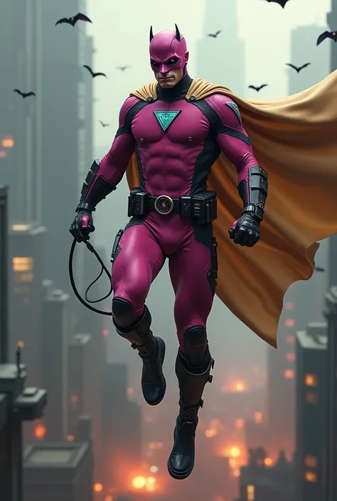 Malaysia man in high-tech suit, vivid effects, malaysian superhero (KELUANG MAN) in a striking pink and beige costume cyberpunk design, mask small mini bat ear beige, daredevil beige mask, jumpsuit dark pink stands confidently in a dramatic.jumping from hi...