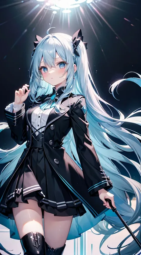 light blue　Long Hair　　Magical girl　Black Dress　mini skirt　beautiful girl　slender　Embarrassing　blush　Black boots　cool　Magic wand　fight　battle　Get Ready　Black coat