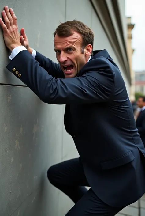 Emanuel Macron nest pas tres content il est entrain de grimper sur un mur en costume