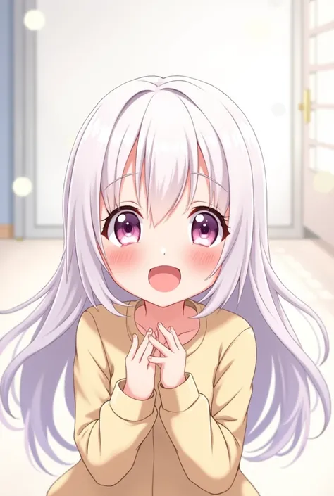 Create an image of a cute anime girl all happy with platinum hair 