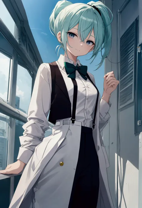 anime style, beautiful anime girl, standing, wearing white dress shirt, green and sky blue ponytail hair, black eyes, wearing suit pants, white suspender, all button up, not smiling, bowtie, wearing black suit