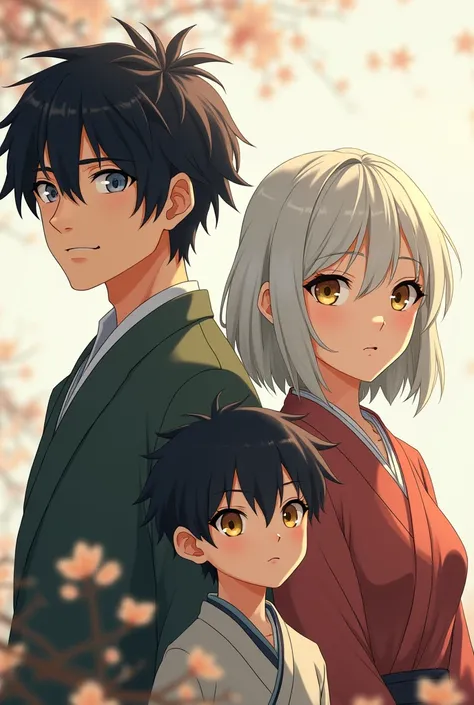  Japanese couple. A woman with natural white hair and golden eyes standing next to a man with black hair and grey eyes. Theyre both over 30.
Their 1 son and  son stand in front of them. The older son is handsome, he have messy white hair falling on his for...