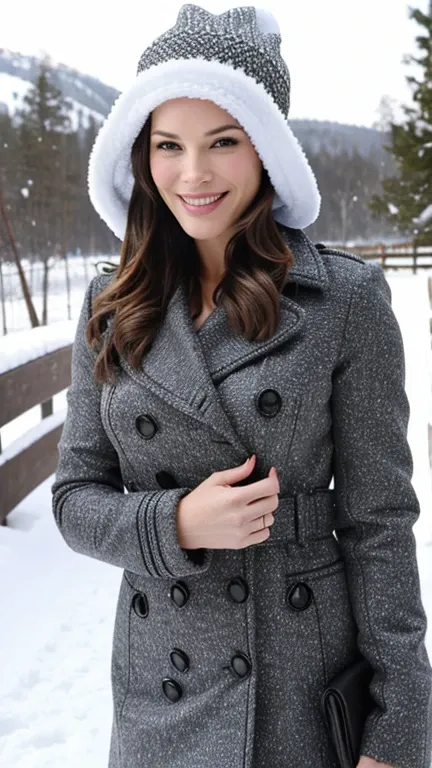 Amanda Righetti wearing sexy winter clothes and a snow hat and smiling