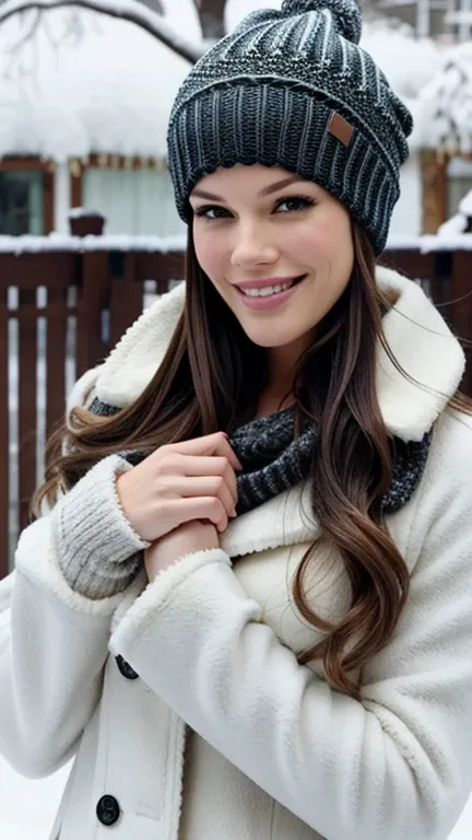 Amanda Righetti wearing sexy winter clothes and a snow hat and smiling