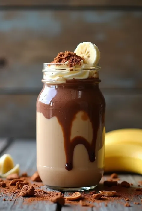 pudding with chocolate banana smoothie in a glass jar on the old wooden background