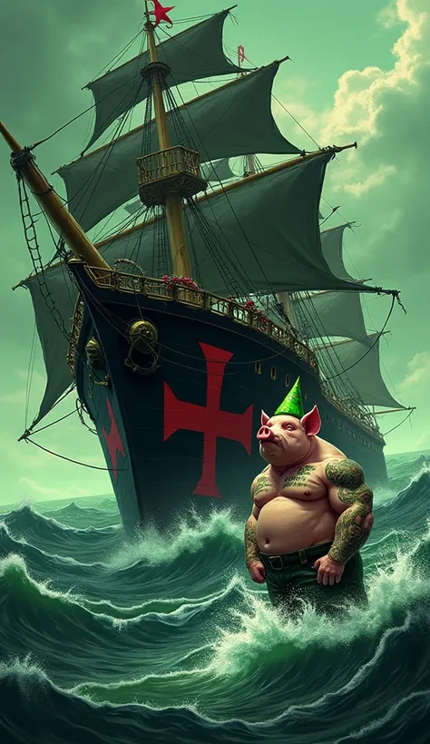 black ship thick black ship red maltese cross highlighted, big waves around, green birthday decoration, thick red maltese cross written Happy Birthday to You, A muscular pig, puffed out chest and no shirt, green tattoos