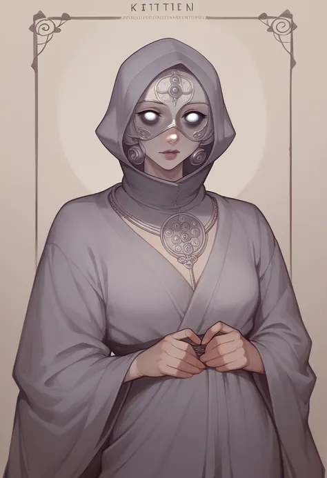 A mysterious woman stands firmly, her unseeing eyes gazing straight ahead, as if perceiving more than what is visible. She wears a dark, intricately embroidered robe with a high collar, and a silver blindfold covers her eyes. visual novel character