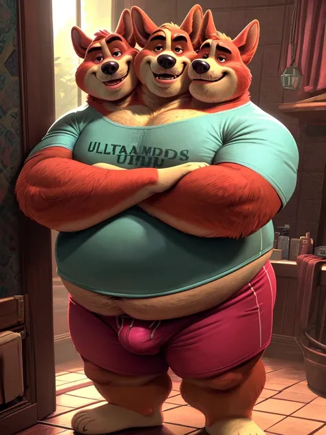 solo, welsh corgi, twins, 60 year old male, coy smiles, three identical heads attached to the same body, welsh corgi ears, bald, red fur, masculine, three necks, eyes, adult, male, (stylized 3d, by disney, by rembrandt), by pixar:1.1, by dramamine, (overwe...