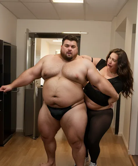 
fat muscular man in thong is defeated and humiliated by young woman behind him, full body photo