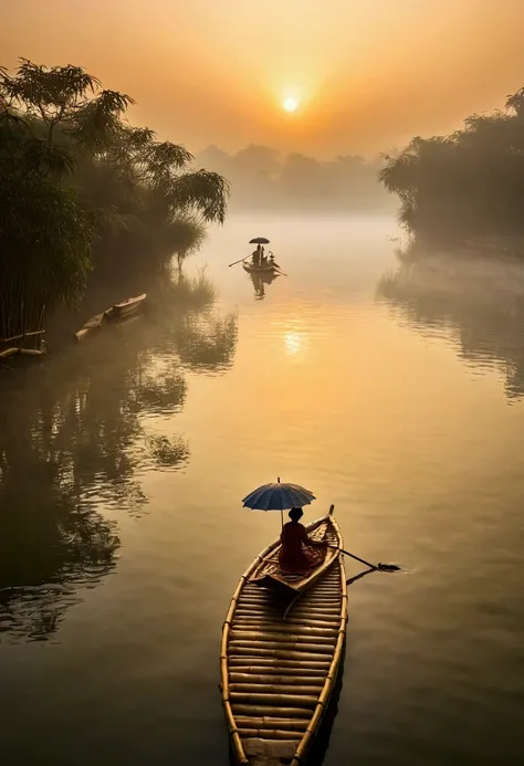 Misty，Sunset through the fog，Aerial 92-degree angle shot of a woman on a bamboo raft holding an umbrella in front，There is a boatman behind，Like a Chinese landscape painting, it also looks like a fairyland, as if there is Buddha&#39;s light.，Maximum resolu...