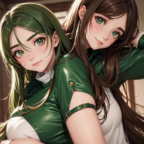 Uma mulher anime, 20 year, long brown hair, emerald green eyes, calm face, closed smile, red makeup under the eyes, bushy eyebrows, scar on cheek, leather jacket