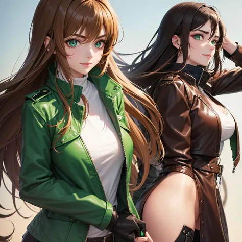 Uma mulher anime, 20 year, long brown hair, emerald green eyes, calm face, closed smile, red makeup under the eyes, bushy eyebrows, scar on cheek, leather jacket