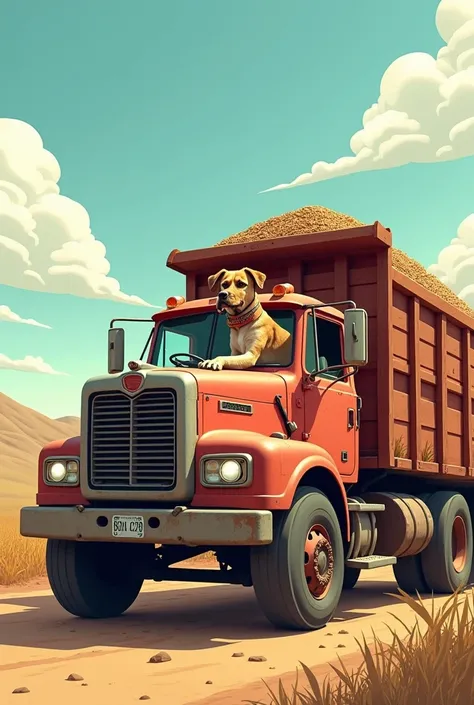 There&#39;s a dog driving a truck and behind it some animal feed 