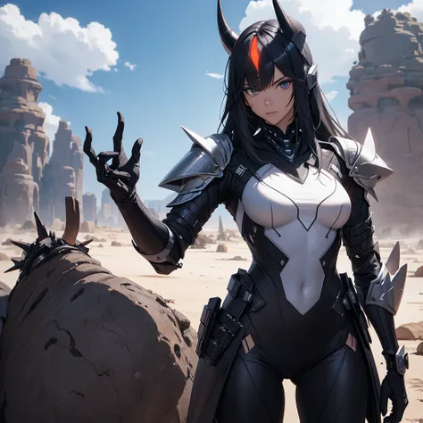 Make character alone. futurist. black futuristic armor. besides having futuristic horns. It should be in a desert setting.