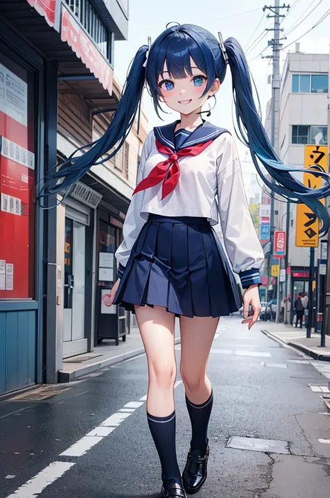 best quality, masterpiece, city, Music appreciation, earphone, looking at viewer, (twin tail, Blue hair, Cool smile, girl, blue eyes, Cute face), sailor uniform, Nissocks, whole body, splendor