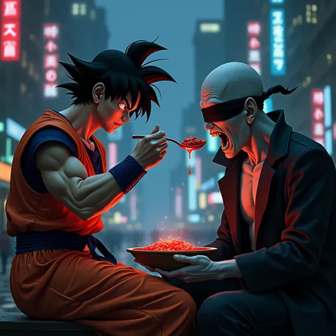 Draw Goku feeding tomato sauce in the mouth to the blindfolded vampire, in a dark city