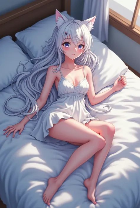 Japanese anime style，White-haired girl，On the bed，Wear white，Charm，A little bit of reality，Some body details，Cat girl，Bust A，Being entangled by tentacles