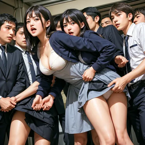 A beautiful innocent girl surrounded by excited high school boys, On the way to school, Beautiful woman like an idol, Close-up of a woman, She screams with her mouth open in shame after being molested in public and watched from close range, Being seen in u...