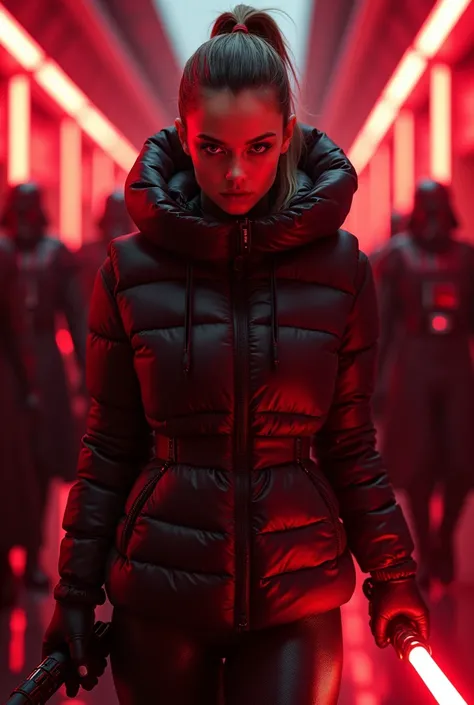  a slim ponytail  angry sith wielding her bright lightsaber, she is walking in room full of jedi,beautiful detailed bright red-colored eyes,beautiful freckles,beautiful detailed lips,extremely detailed eyes and face,longeyelashes, wearing beautiful detaile...