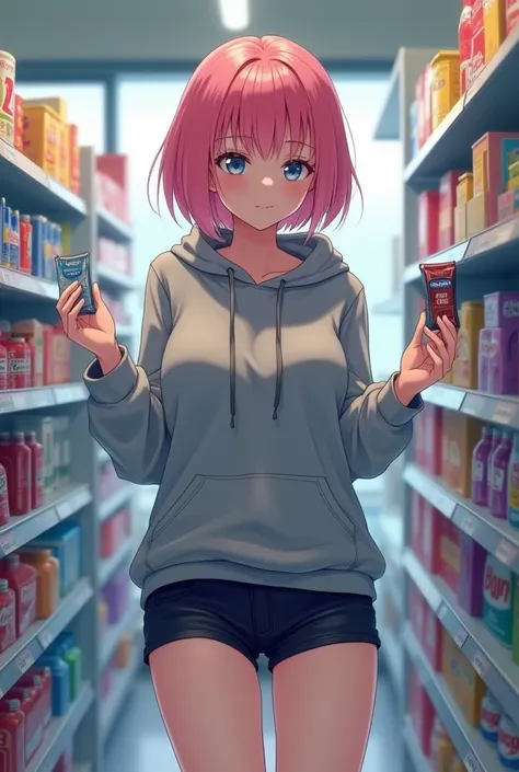 Draw a busty high school girl with pink bob hair, wearing a gray hoodie and black shorts, buying condoms at a convenience store.