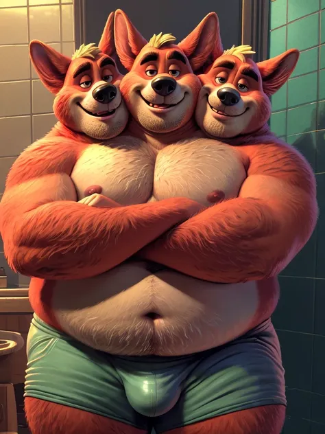 solo, welsh corgi, twins, 60 year old male, coy smiles, three identical heads attached to the same body, welsh corgi ears, bald, red fur, masculine, three necks, eyes, adult, male, (stylized 3d, by disney, by rembrandt), by pixar:1.1, by dramamine, (overwe...