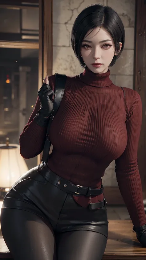 photorealistic, high resolution, 1women, mature female, solo, hips up, red sweater, belt, black hair, (facial clarity:1.3), short hair, intricate details, long eyelashes, thick eyelashes, short hair