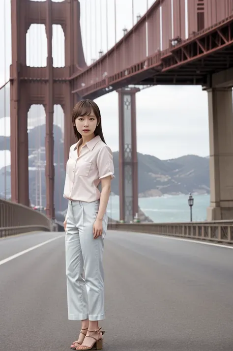 full_body, standing, sandals, (shirt), pants, (golden gate bridge), (anjou_kozuki: 1.2), perfect face, (contact iris: 1.1), pale skin, skin pores , depth of field