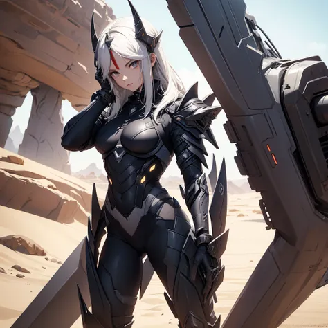 Make character alone. futurist. black futuristic armor. besides having futuristic horns. It should be in a desert setting.