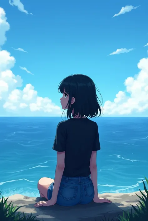 A girl with black long curly hair sits looking at the sea in a black shirt and denim shorts anime