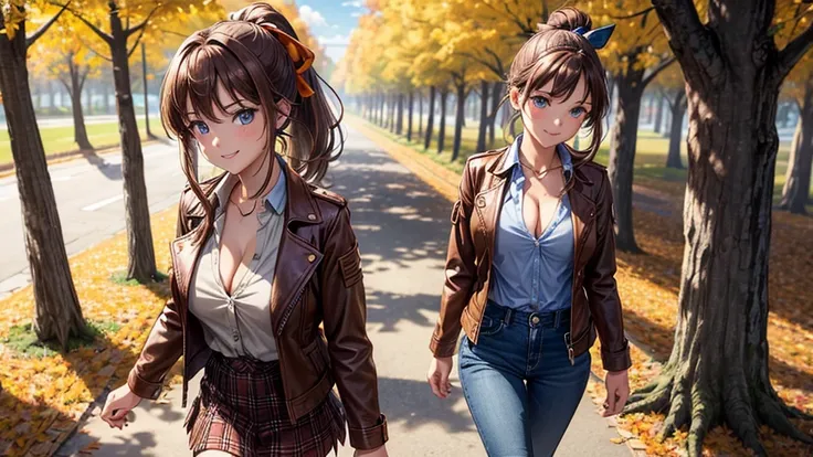 1girl, solo, trees, sun, clouds, autumn, colorful trees, falling leaves, ((brown hair)), ponytail, large breasts, ((brown leather jacket)), button down shirt, ((blue checked shirt)), ((checked shirt)), ((unbuttoned shirt)), ((unbuttoning buttons)), ((poppi...