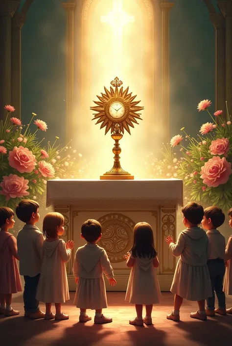 altar, monstrance, children, flowers,adoration
