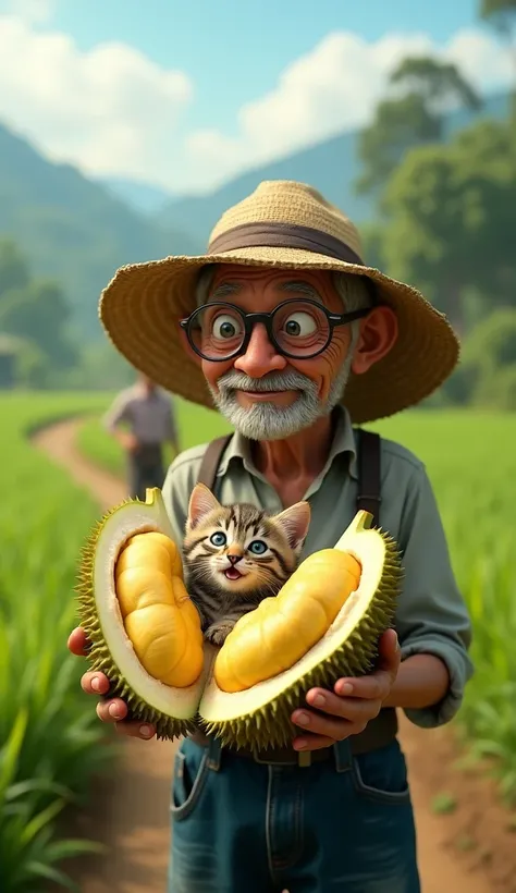 create realistic photos An elderly farmer with round glasses and a straw hat looks surprised as he holds a halved durian. Inside the durian, there is a small white kitten with yellow stripes, its mouth open as if meowing. In the background, another farmer ...