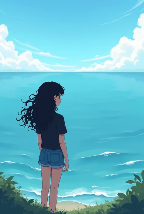 A girl with black long curly long hair is sitting looking at the sea in a black shirt and denim shorts anime