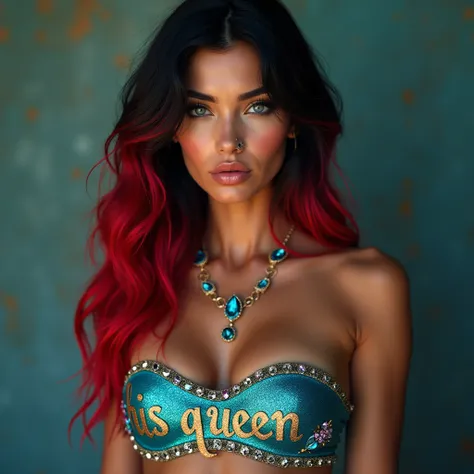 8k full view a tan skin Spanish woman with extra long beautiful black,  and red ombre hair with blue highlights,blue eyes, smooth skin, nose pierced  A strapless top with italic writing saying HIS QUEEN with amethyst gems with flowers underneath with silve...