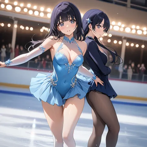 ((Highest quality)), ((masterpiece)), (detailed), （Perfect Face）、The woman is Reika Aoki with semi-long hair、A woman is glamorously skating on an ice rink in a gorgeous and glamorous figure skating costume.