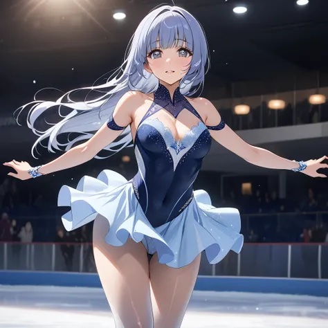 ((Highest quality)), ((masterpiece)), (detailed), （Perfect Face）、The woman is Reika Aoki with semi-long hair、A woman is glamorously skating on an ice rink in a gorgeous and glamorous figure skating costume.