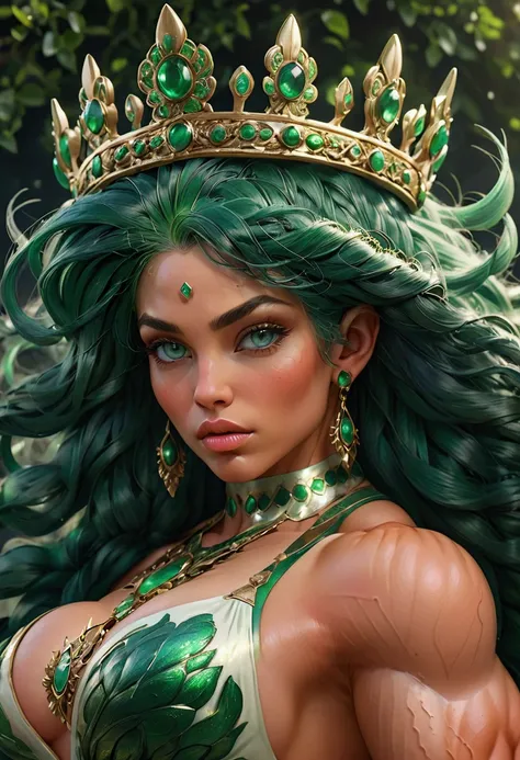 a muscular female goddess with green hair, detailed face, beautiful emerald green eyes, plump lips, porcelain skin, intricate or...