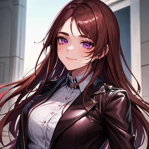 Uma mulher anime, 20 year, long brown hair, purples eyes, calm face, closed smile, red makeup under the eyes, bushy eyebrows, scar on cheek, brown leather jacket, gray blouse