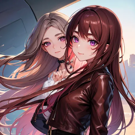 Uma mulher anime, 20 year, long brown hair, purples eyes, calm face, closed smile, red makeup under the eyes, bushy eyebrows, scar on cheek, brown leather jacket, gray blouse