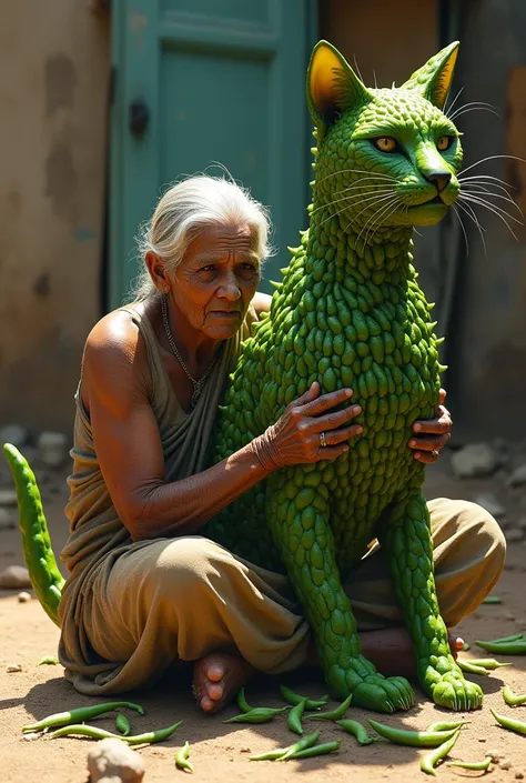 A poor Indian old woman sitting on the ground making a huge cat out of  green chili