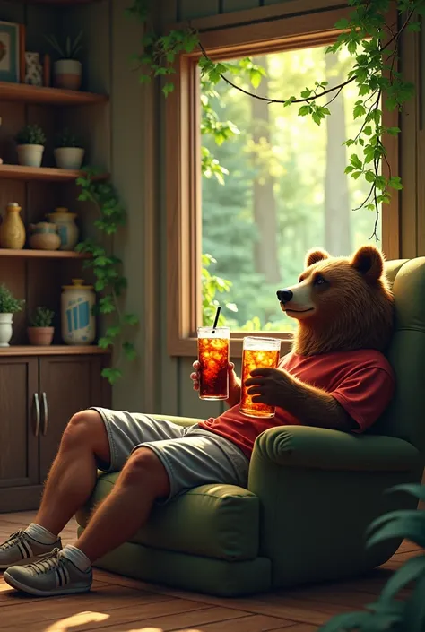 Brown Bear, 1man, man relaxing with a brown bear, cottage in the forest, large glass of cola in each hand, brown bear drinking cola,